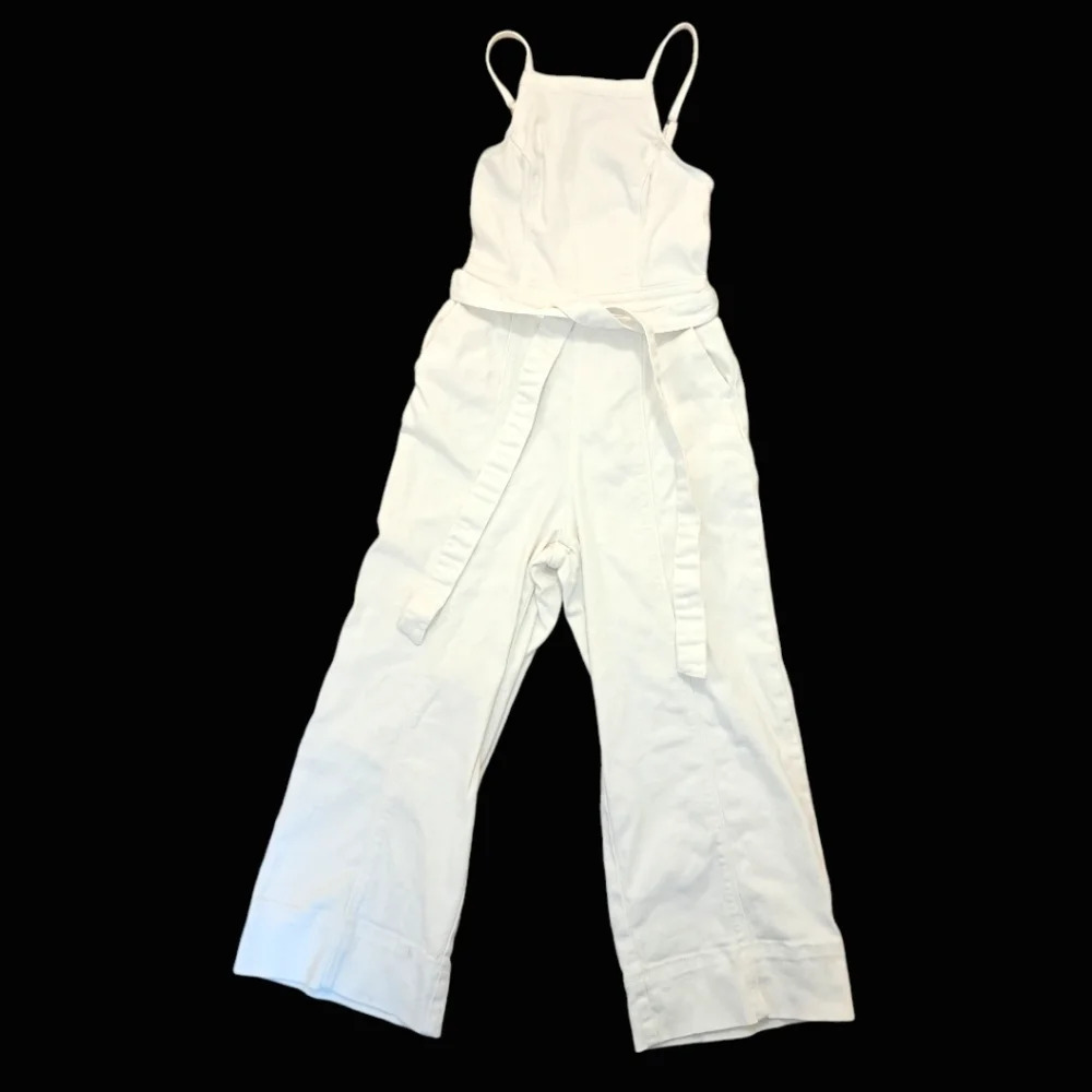 Hollister White Adjustable Straps Wide Leg Cropped Tie Waist Overalls Sz XS